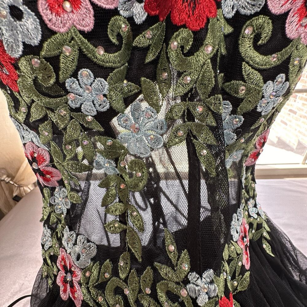 Blondie Nites Women's Juniors' Corset Black Floral Embroidered Tulle Dress Sz 7